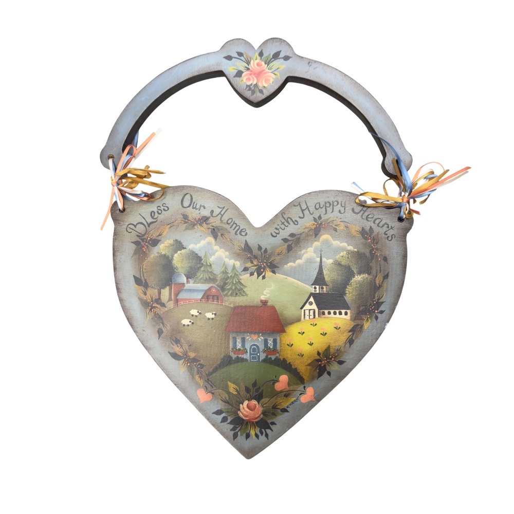 K Kern Hand Painted Wood Heart Wall Plaque Bless Our Home Folk Art Farm Scene